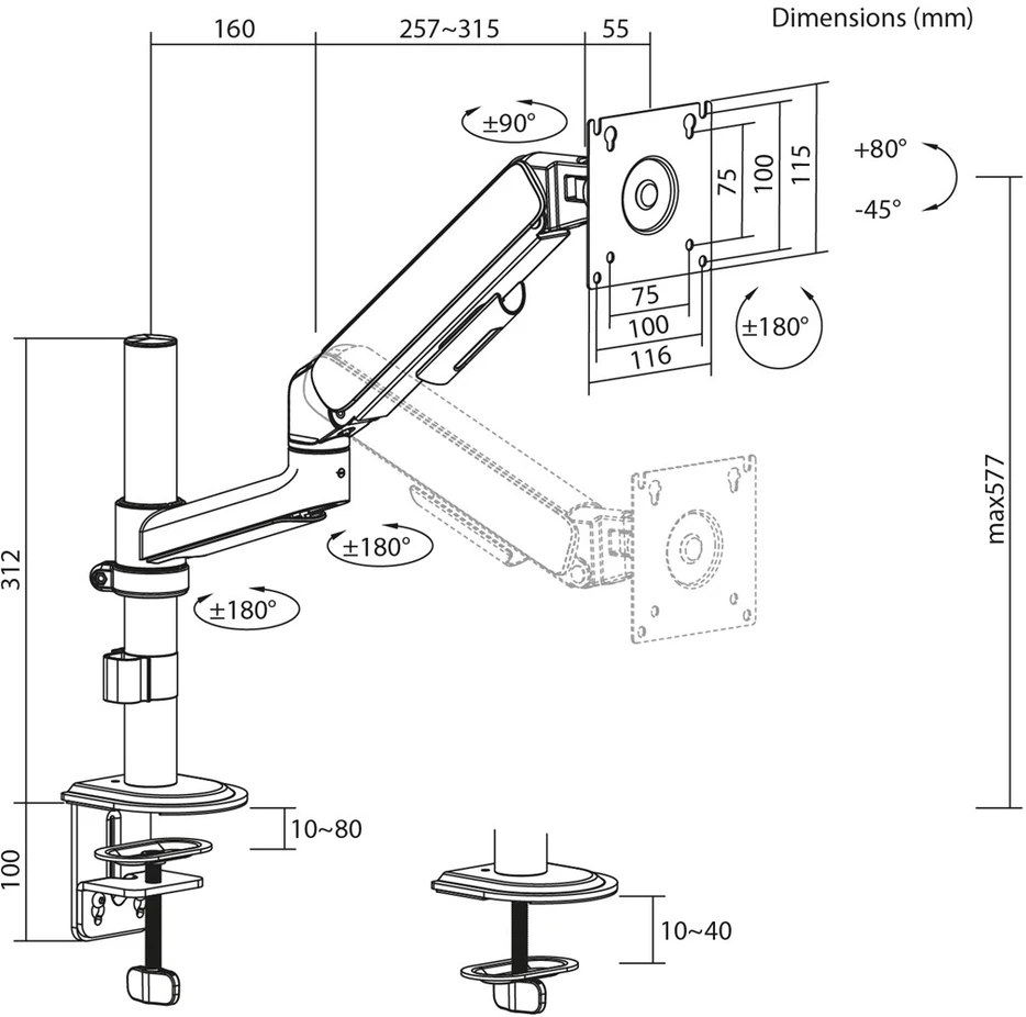 Laikiklis „Ergo Office“ monitoriaus laikiklis/pakabiklis, dujinė spyruoklė, 17"-32", 1-10kg, matinės baltos spalvos, maks. VESA 100x100, ER-691 W