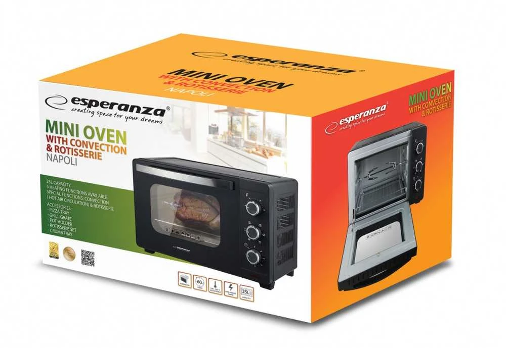 Mikrobangų krosnelė Esperanza EKO006N Mini orkaitė with convection and spit 25 l 1600W Juodas