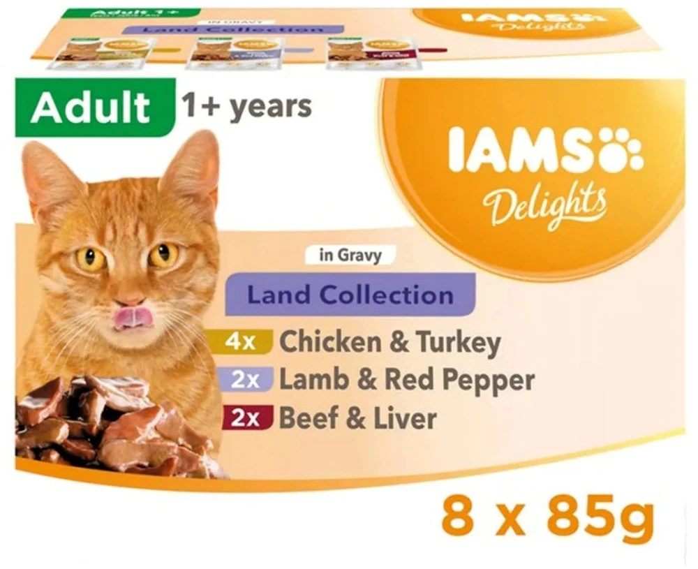 IAMS DELIGHTS Land Collection padažo dėžutėje – šlapias kačių ėdalas – 8 x 85 g