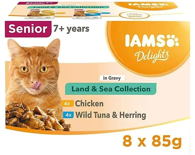 IAMS DELIGHTS Senior Land & Sea Collection dėžutėje – šlapias kačių ėdalas – 8 x 85 g