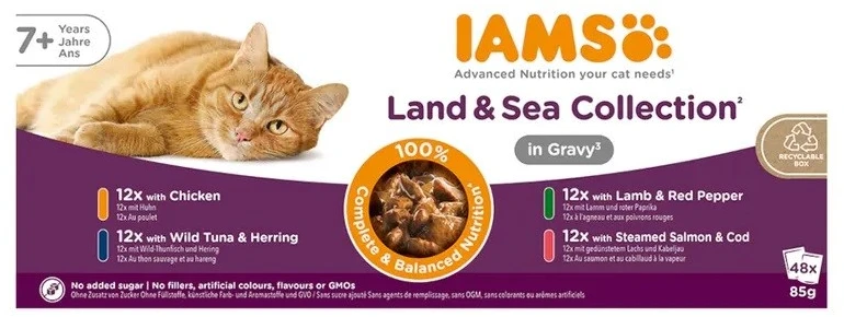 Eukanuba IAMS DELIGHTS Senior Land & Sea Collection in Gravy box – šlapias pašaras katei – 12x85g