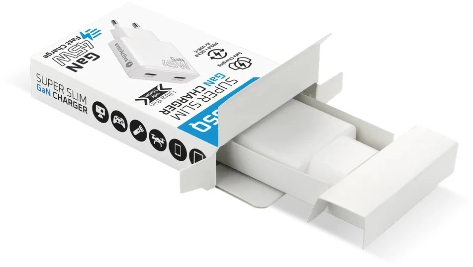 Įkroviklis - everActive 45W 2xUSB-C GaN Greitas Įkroviklis, Balta