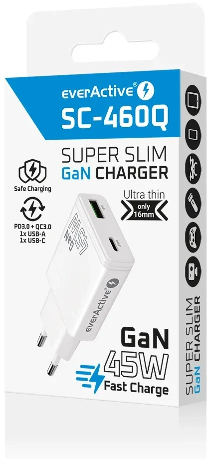 Įkroviklis - everActive SC-460Q 45W USB & USB-C Greitas Įkroviklis, Balta