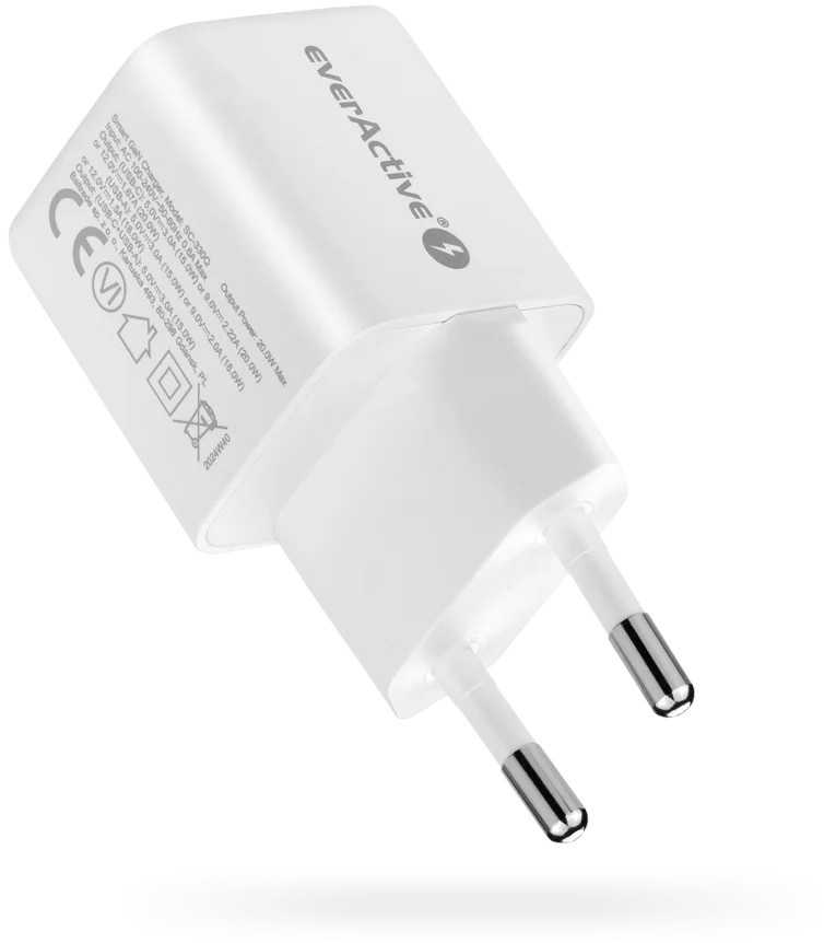 Įkroviklis - everActive 20 W 1xUSB 1xUSB-C QC3.0 PD GaN Kompaktiškas Baltas