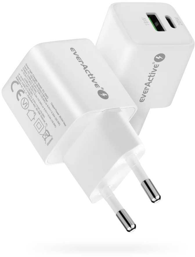 Įkroviklis - everActive 20 W 1xUSB 1xUSB-C QC3.0 PD GaN Kompaktiškas Baltas
