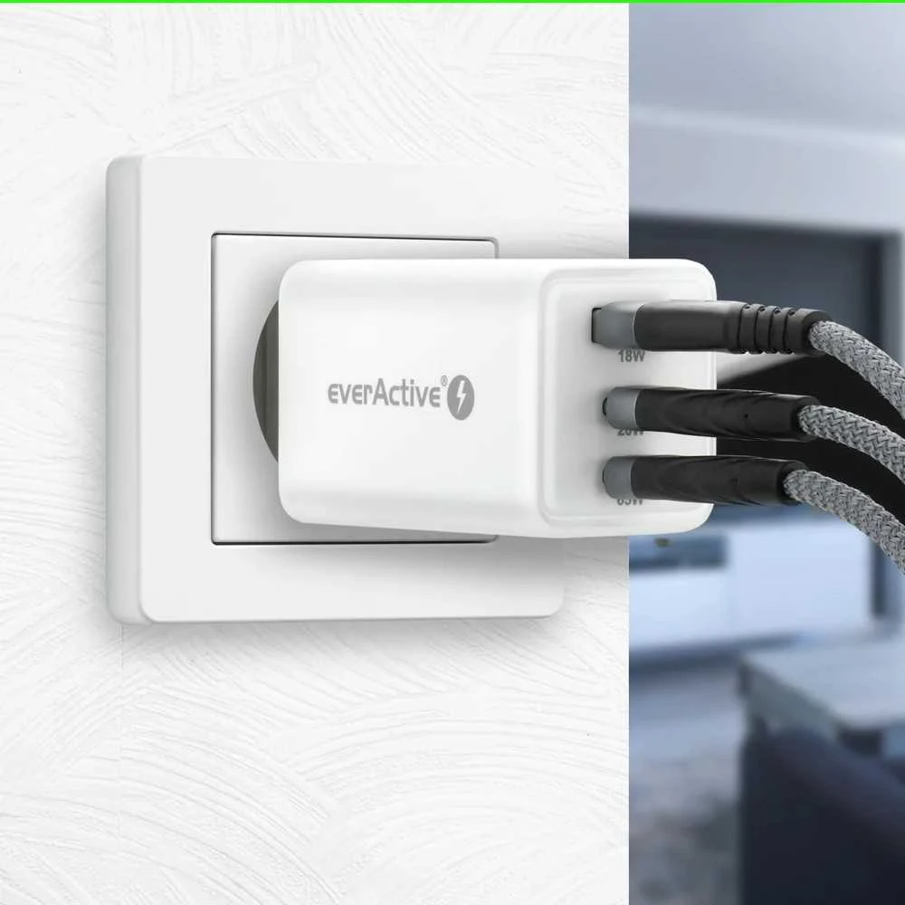 „everactive“ įkroviklis GaN 1 x USB, 2 x USB-C greito įkrovimo 4+ 65 W baltas
