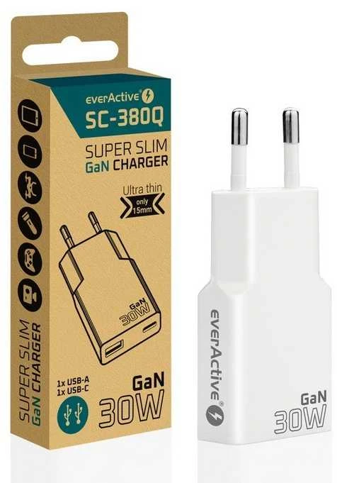 „everactive“ įkroviklis: 1 x USB, 1 x USB-C greito įkrovimo 3.0 30 W itin plonas baltas