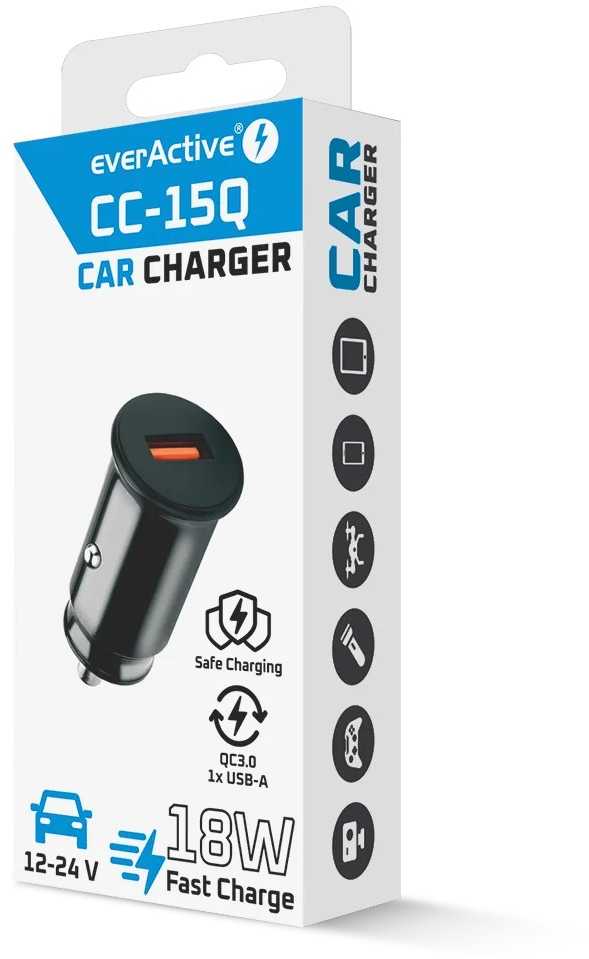 Automobilio Įkroviklis - everActive CC-15Q 18W Quick Charge 3.0 USB-A 12V/24V Juodas