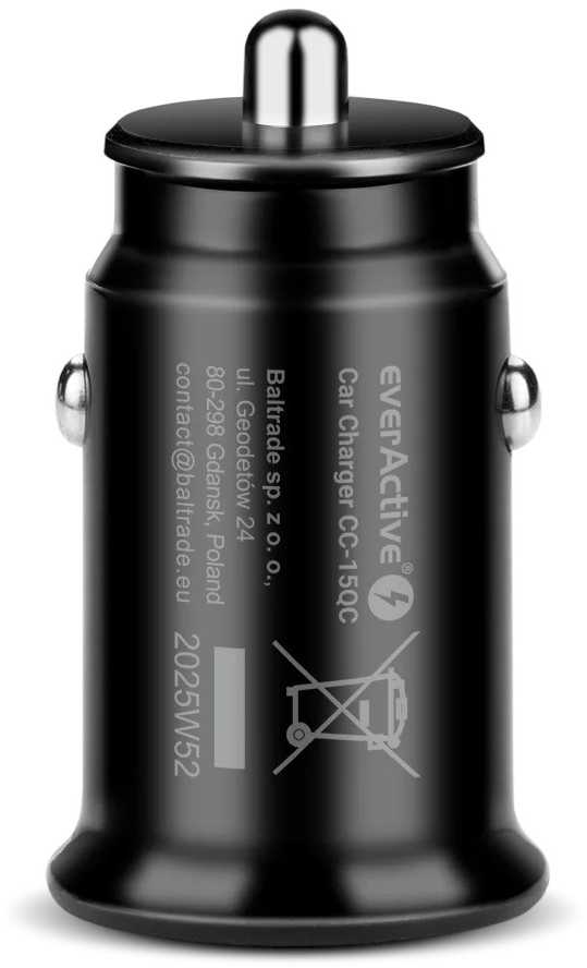 Automobilinis Įkroviklis - everActive CC-15QC 18W su USB-C Kabeliu LED, Juoda