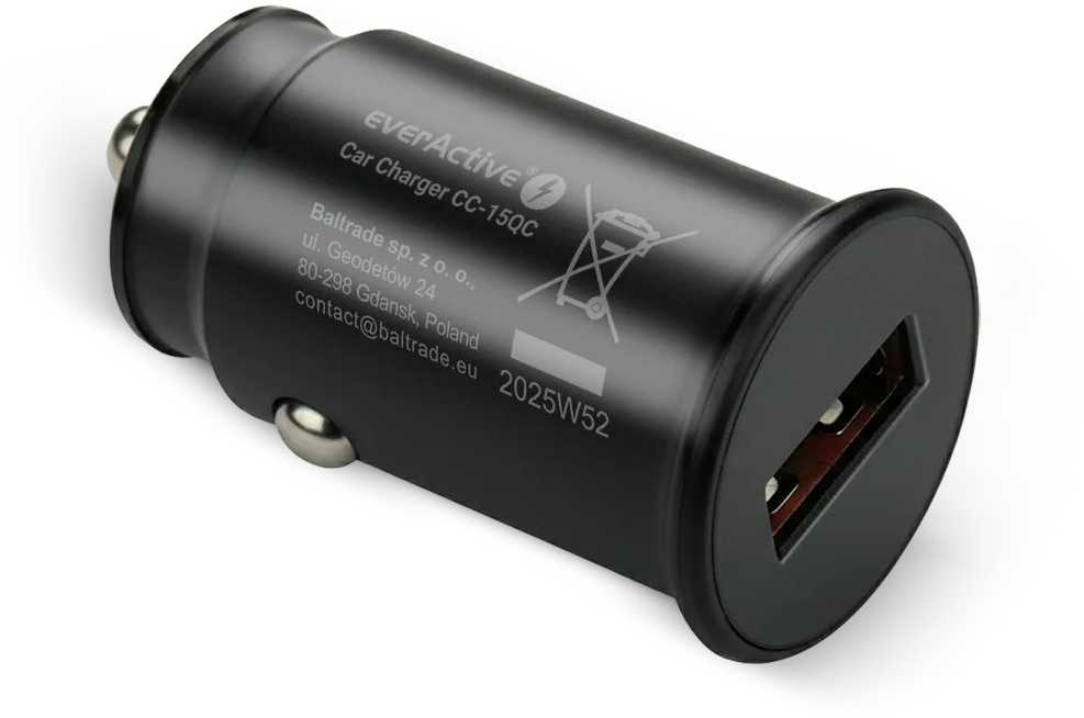 Automobilinis Įkroviklis - everActive CC-15QC 18W su USB-C Kabeliu LED, Juoda