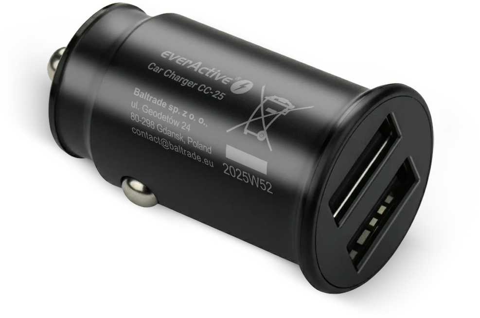 Automobilio Įkroviklis - everActive CC-25 12W Dual USB-A Ports 5V/2.4A, Juoda