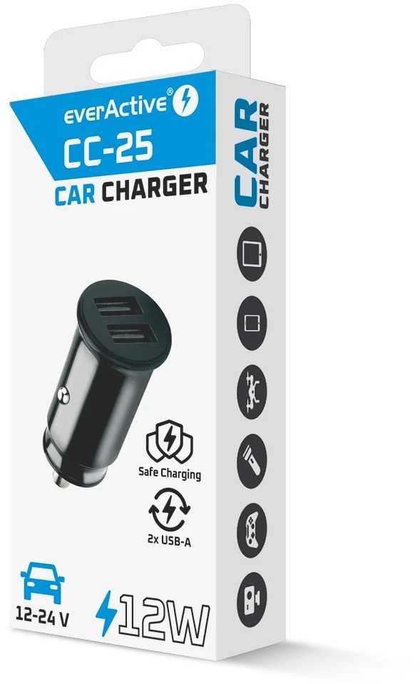 Automobilio Įkroviklis - everActive CC-25 12W Dual USB-A Ports 5V/2.4A, Juoda