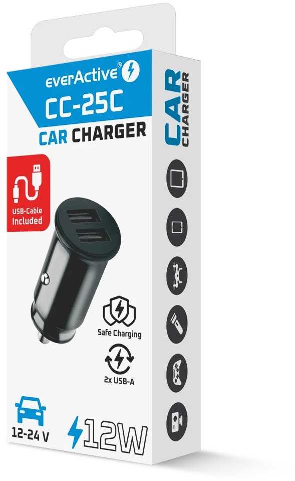 Automobilinis įkroviklis - everActive CC-25 12W Dviejų USB-A Prievadų Su USB-C Kabeliu LED, Juoda