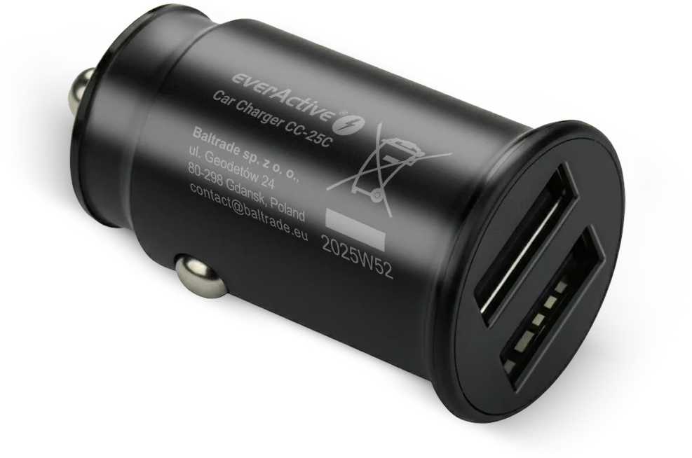 Automobilinis įkroviklis - everActive CC-25 12W Dviejų USB-A Prievadų Su USB-C Kabeliu LED, Juoda