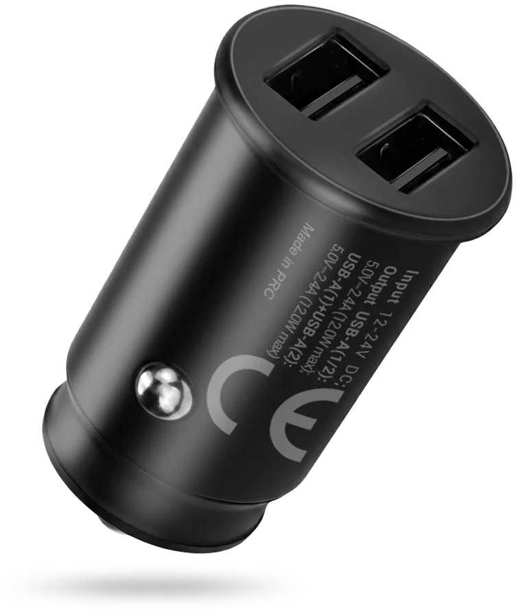 Automobilinis įkroviklis - everActive CC-25 12W Dviejų USB-A Prievadų Su USB-C Kabeliu LED, Juoda
