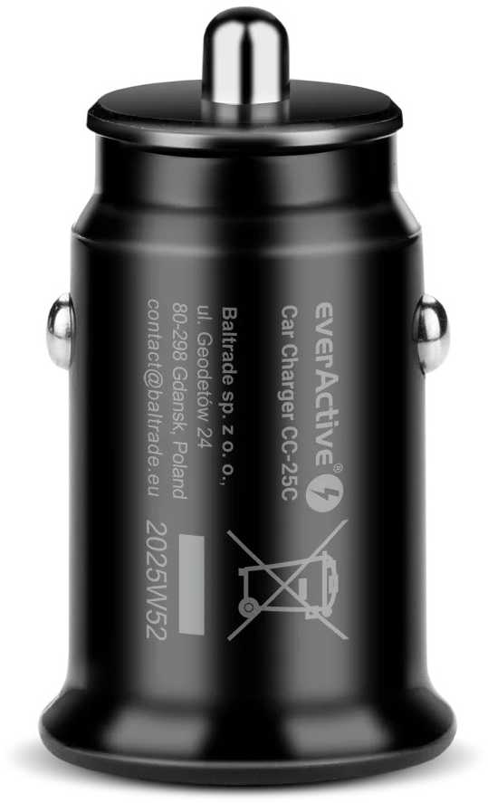 Automobilinis įkroviklis - everActive CC-25 12W Dviejų USB-A Prievadų Su USB-C Kabeliu LED, Juoda