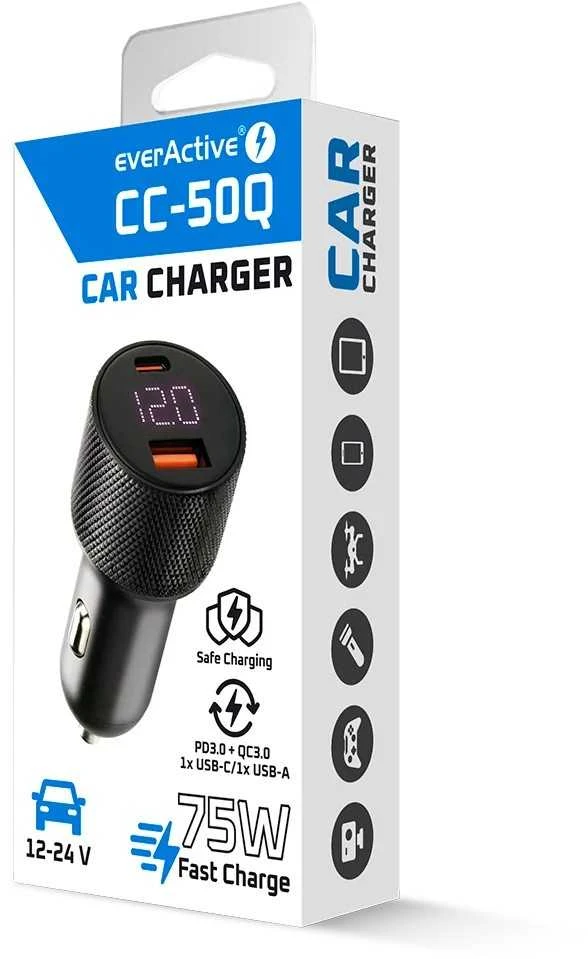 Automobilinis įkroviklis everActive CC-50Q USB QC3.0 + USB-C PD 75W