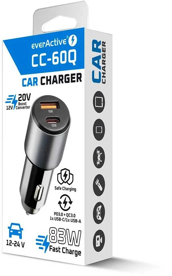 Automobilinis įkroviklis everActive CC-60Q USB QC3.0 + USB-C PD 83W