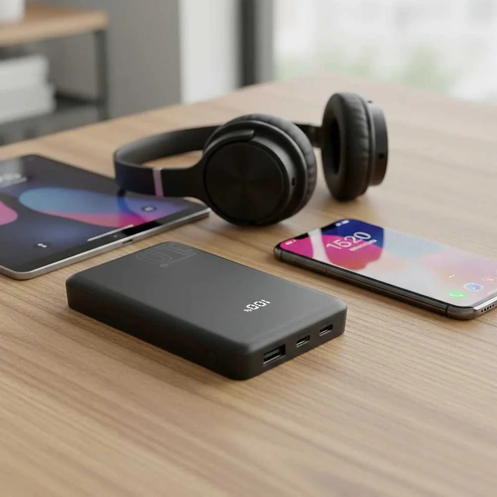 „everactive“ nešiojama įkroviklis 10 000 mAh, 1x USB, 2x USB-C, 20 W, QC4+, LCD ekranas, juodas