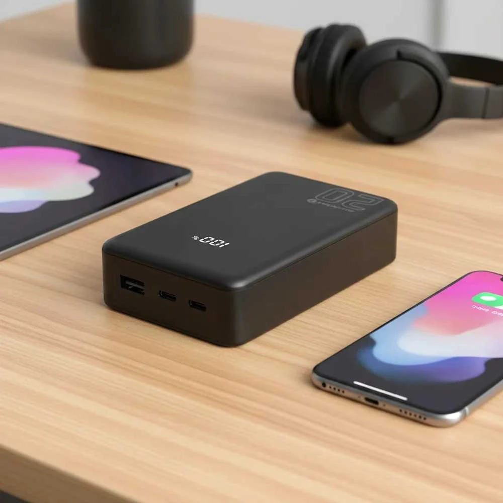 „everactive“ išorinė baterija 20 000 mAh, 1x USB, 2x USB-C, 20 W, QC4+, LCD ekranas, juodas