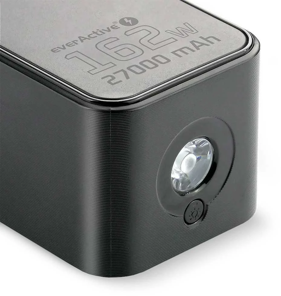 „everactive“ išorinė baterija 27 000 mAh, 1x USB, 2x USB-C, 162,5 W, QC4+, žibintuvėlis, LCD ekranas, juodas