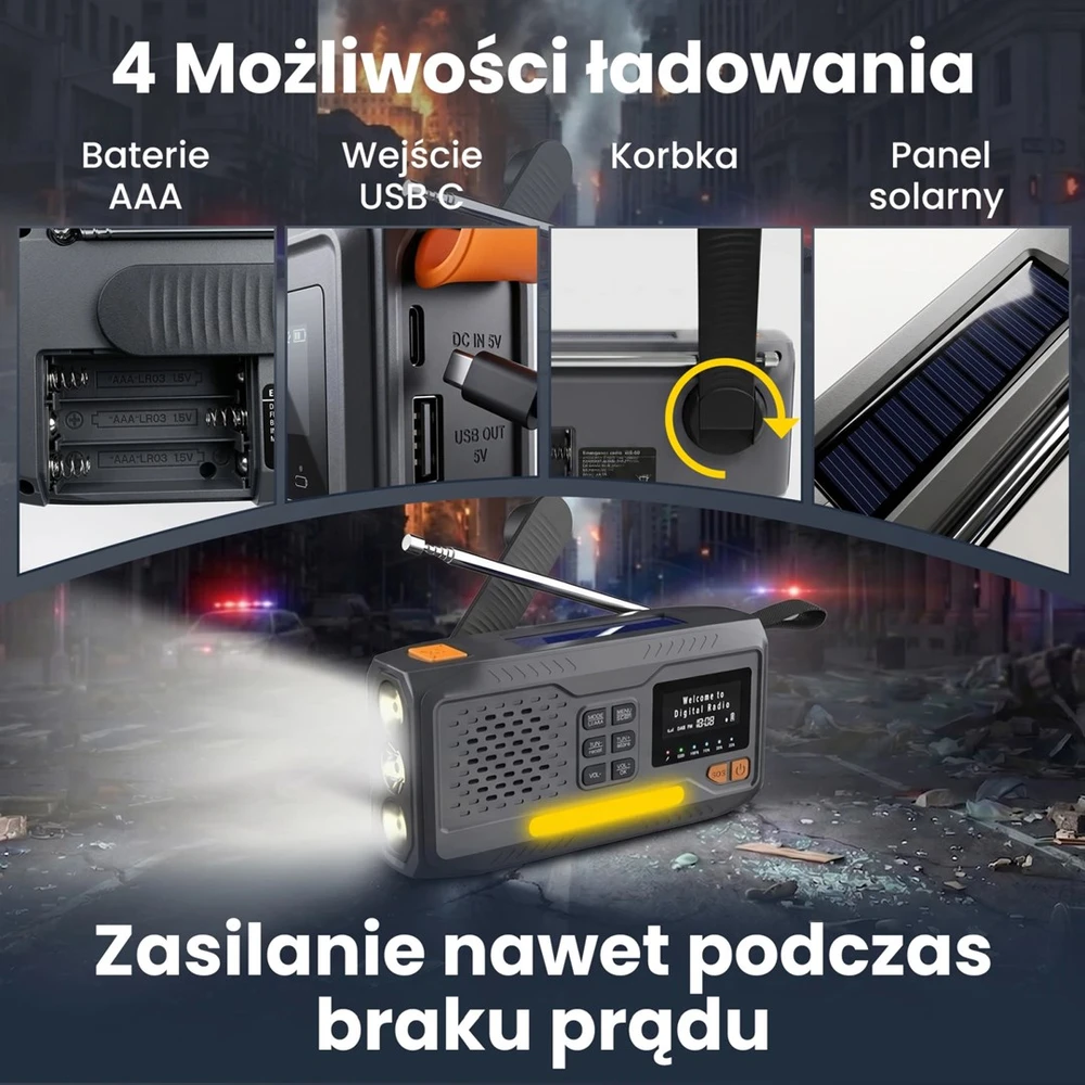 Extralink Radijas AWARYJNE BLUETOOTH SOLARNE Z KORBKA DYNAMO POWERBANK 4000MAH Z LATARKA SOS BT-4000 Nešiojama Analoginis ir skaitmeninis Juoda, Oranžinė