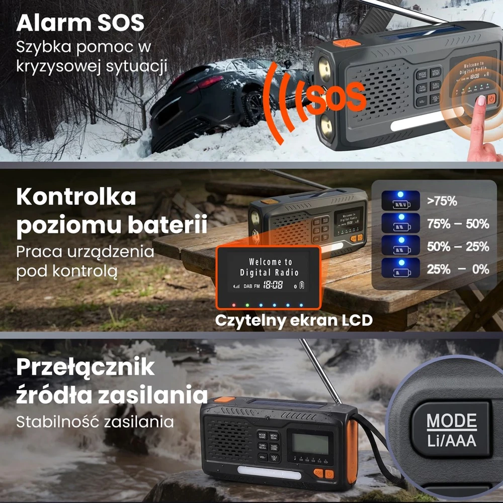 Extralink Radijas AWARYJNE BLUETOOTH SOLARNE Z KORBKA DYNAMO POWERBANK 4000MAH Z LATARKA SOS BT-4000 Nešiojama Analoginis ir skaitmeninis Juoda, Oranžinė