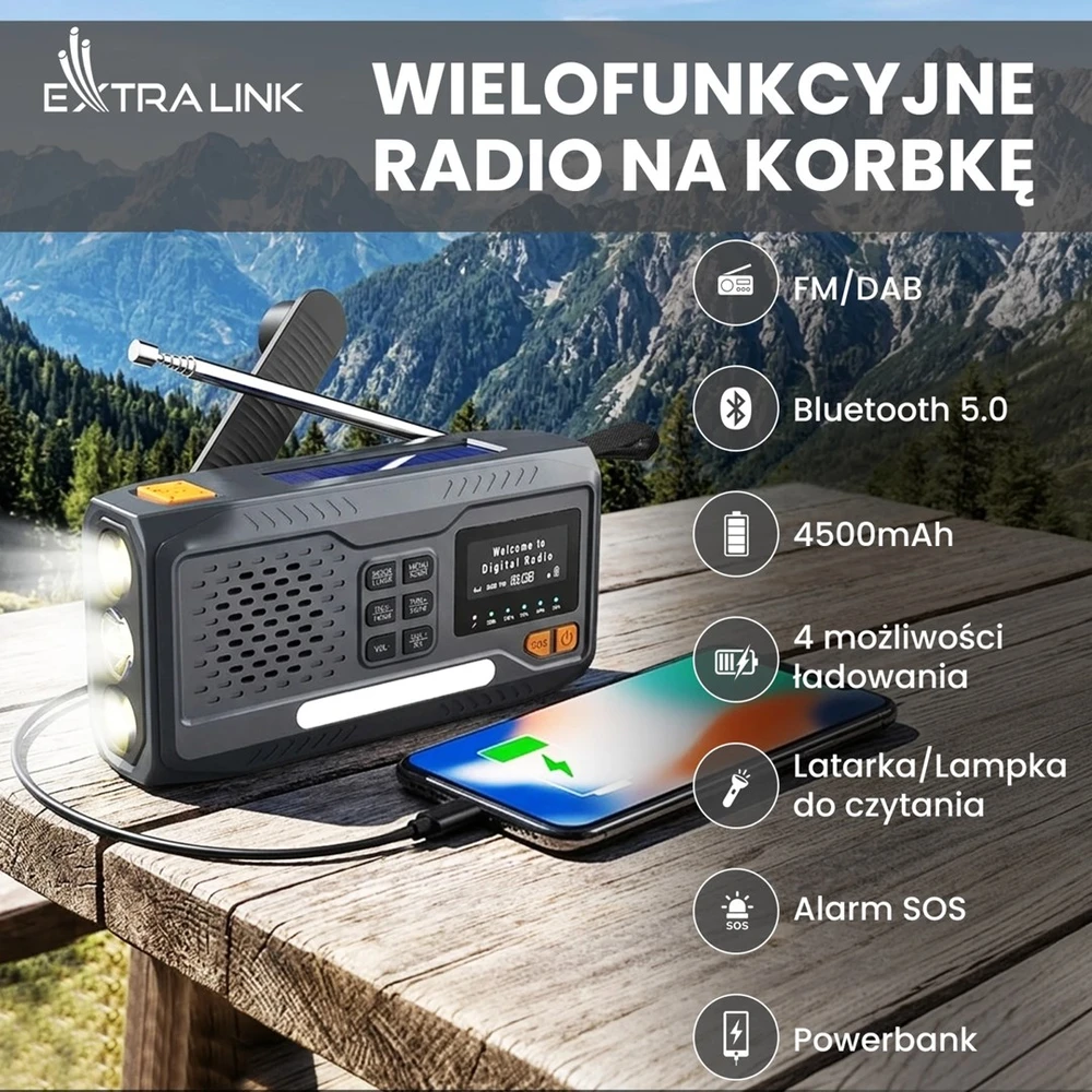 Extralink Radijas AWARYJNE BLUETOOTH SOLARNE Z KORBKA DYNAMO POWERBANK 4000MAH Z LATARKA SOS BT-4000 Nešiojama Analoginis ir skaitmeninis Juoda, Oranžinė