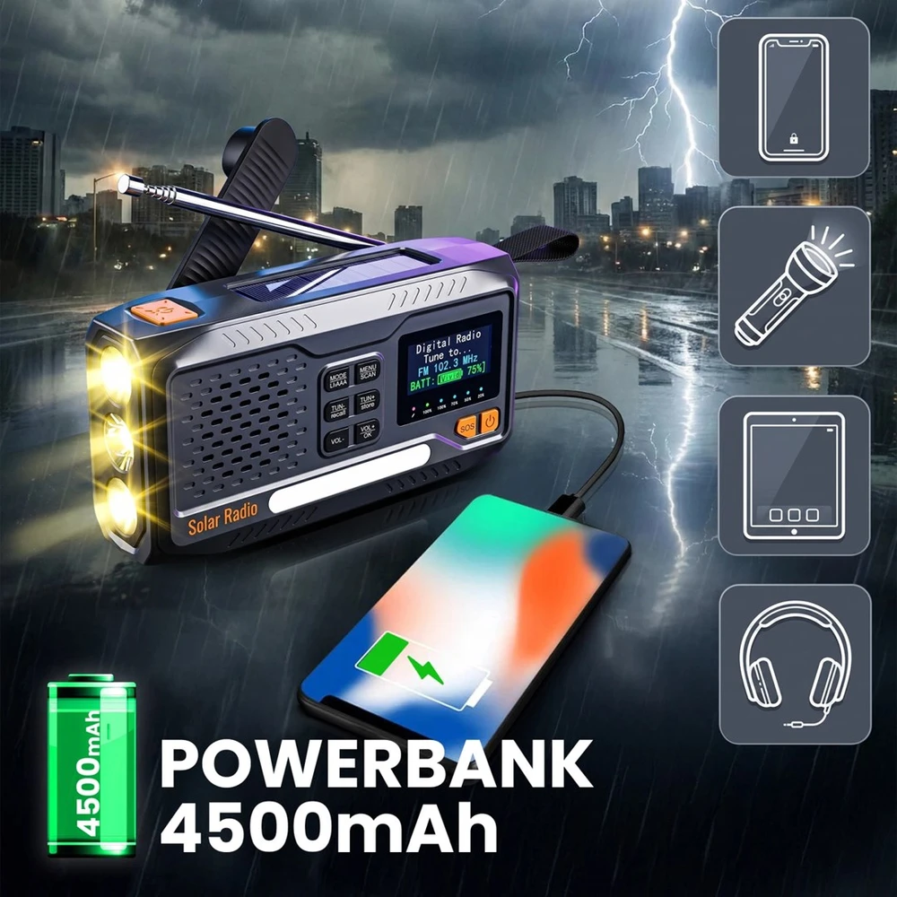 Extralink Radijas AWARYJNE BLUETOOTH SOLARNE Z KORBKA DYNAMO POWERBANK 4000MAH Z LATARKA SOS BT-4000 Nešiojama Analoginis ir skaitmeninis Juoda, Oranžinė