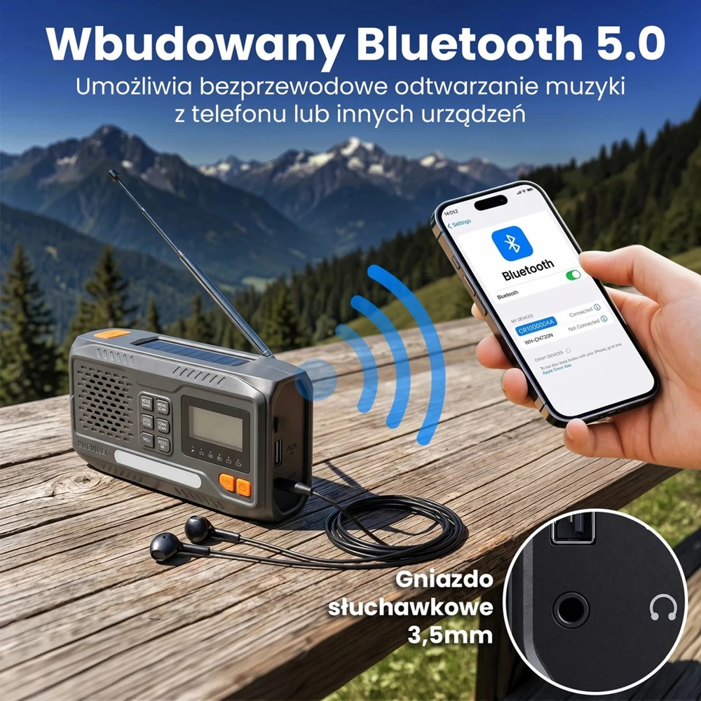 Extralink Radijas AWARYJNE BLUETOOTH SOLARNE Z KORBKA DYNAMO POWERBANK 4000MAH Z LATARKA SOS BT-4000 Nešiojama Analoginis ir skaitmeninis Juoda, Oranžinė