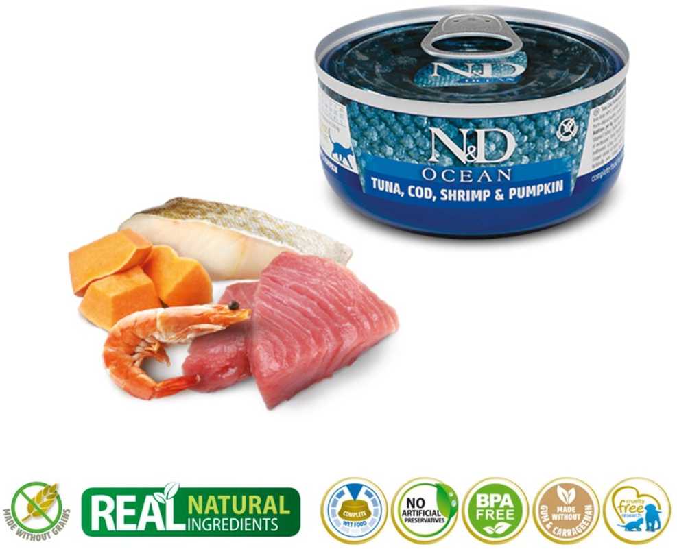 Drėgnas Kačių Maistas - Farmina N&D Katė Vandenyno Tunas, Kodas, Krevetės Ir Moliūgas 70g