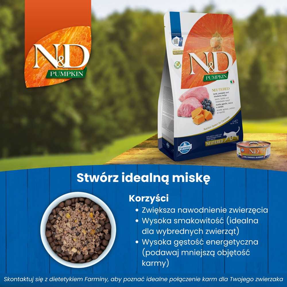 FARMINA N&D moliūgas kačių ėriena ir mėlynių kastruotas suaugusiems - sausas kačių maistas - 1,5kg