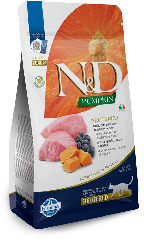 FARMINA N&D moliūgas kačių ėriena ir mėlynių kastruotas suaugusiems - sausas kačių maistas - 1,5kg