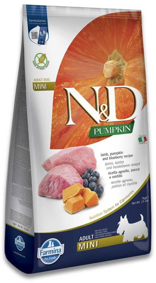 Šunų Maistas - FARMINA N&D GF Moliūgų Aviena ir Mėlynės Suaugusiųjų Mini 7kg