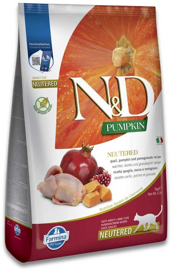 FARMINA moliūgas N&D Neutered Quail - sausas kačių maistas - 5kg