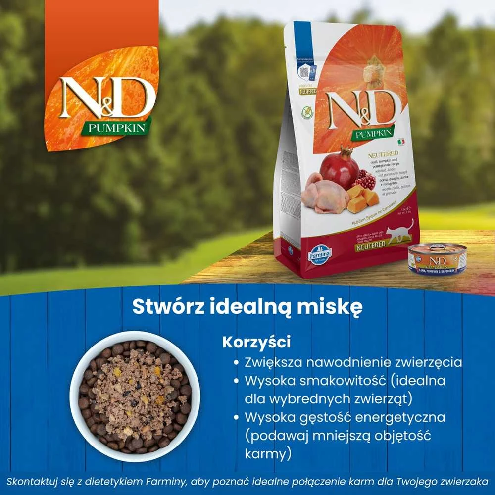 FARMINA moliūgas N&D Neutered Quail - sausas kačių maistas - 5kg