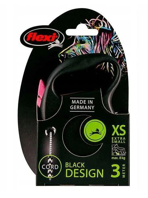 Flexi Black Design XS pavadėlis šunims iki 8kg virvinis 3m rožinės spalvos