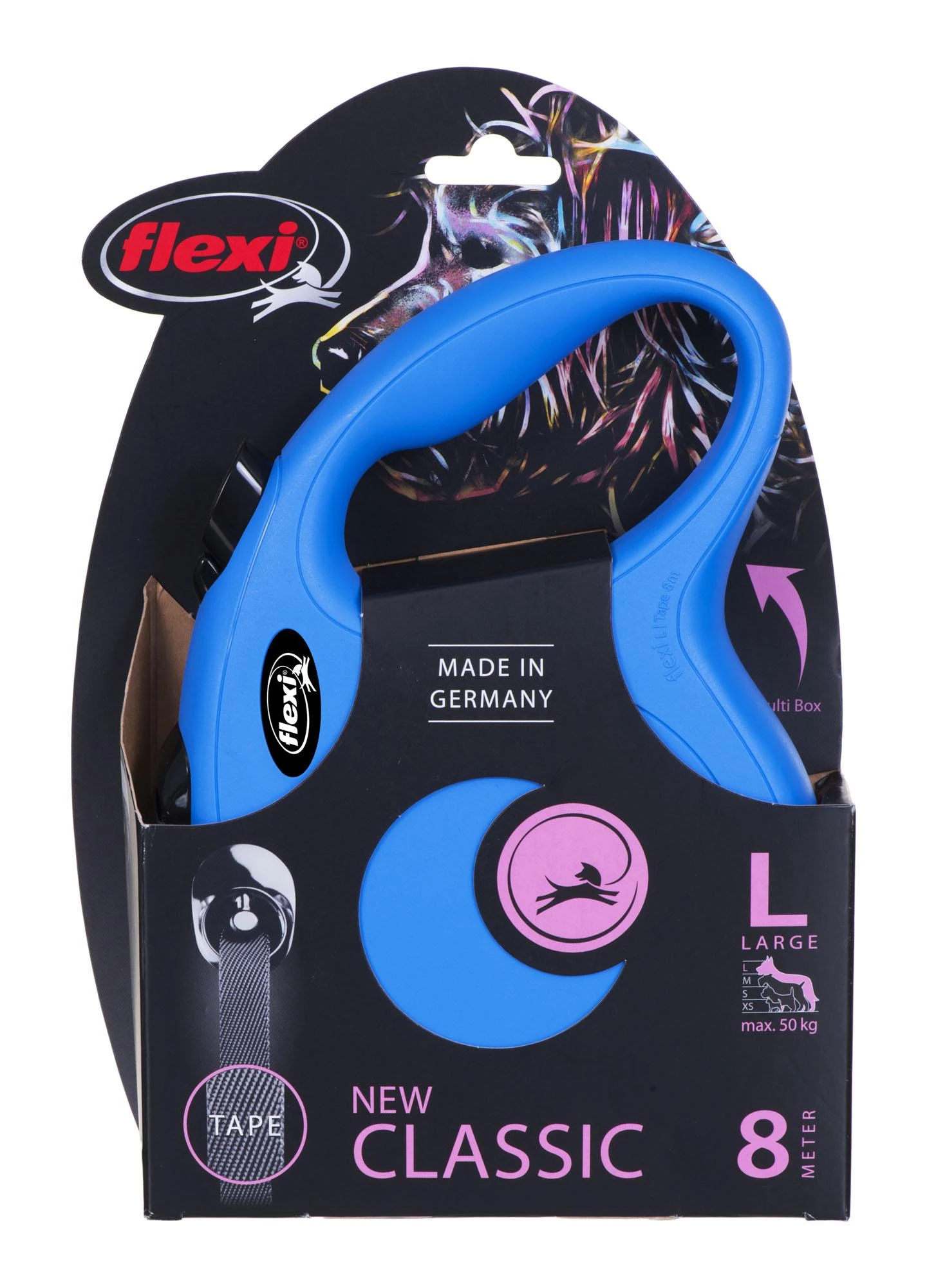 Flexi New Classic L pavadėlis šunims iki 50kg juostinis 8m mėlynos spalvos