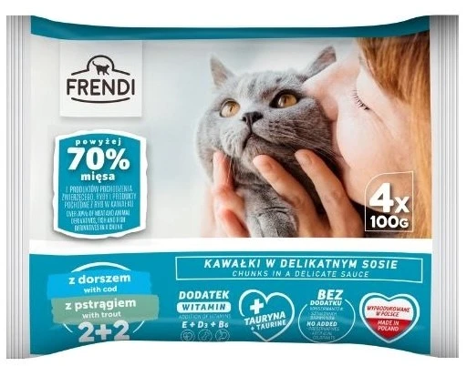 FRENDI Menkė ir upėtakis padaže box – šlapias pašaras katei – 4x100g