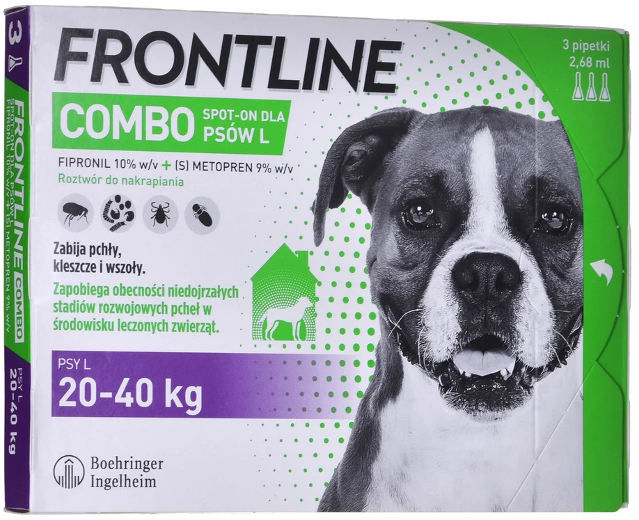 Štai vertimas į lietuvių kalbą: **Frontline Combo Spot-on L – lašai nuo parazitų šunims – 3 x 2,68 ml**