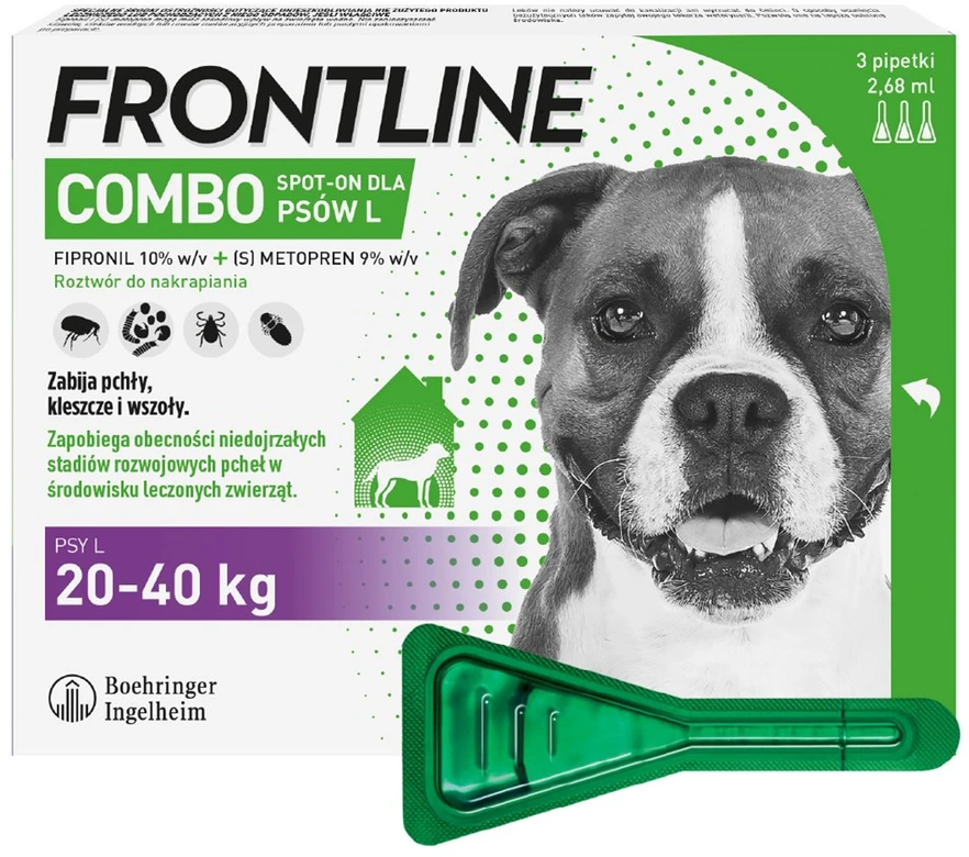 Štai vertimas į lietuvių kalbą: **Frontline Combo Spot-on L – lašai nuo parazitų šunims – 3 x 2,68 ml**