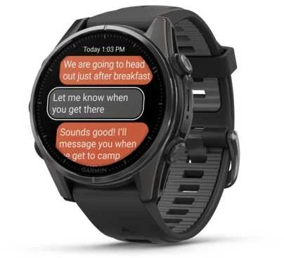 Išmanusis laikrodis Garmin Fenix 8 – 43 mm, AMOLED Sapphire, Pilkos anglies spalvos DLC titanas su juodos / pilkos akmenukų spalvos silikoniniu