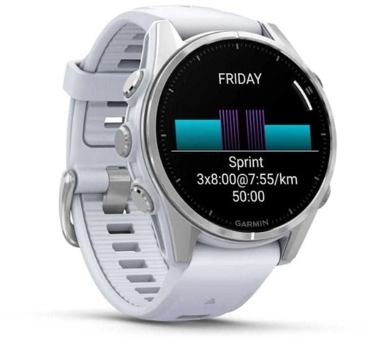 Išmanusis laikrodis Garmin Fenix 8 – 43 mm, AMOLED Sidabrinės spalvos korpusas su baltojo akmens spalvos silikoniniu dirželiu