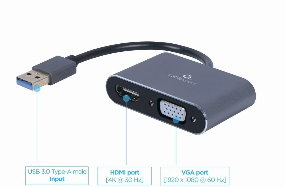 Gembird Cablexpert | USB ekrano adapteriai | A-USB3-HDMIVGA-01 | USB 3.0 A tipo | 0,15 m