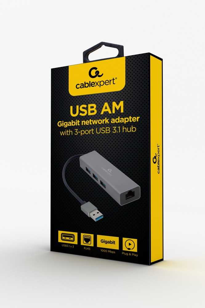 Gembird Adapteris usb-am to lan gbe hub 3xusb 3.0