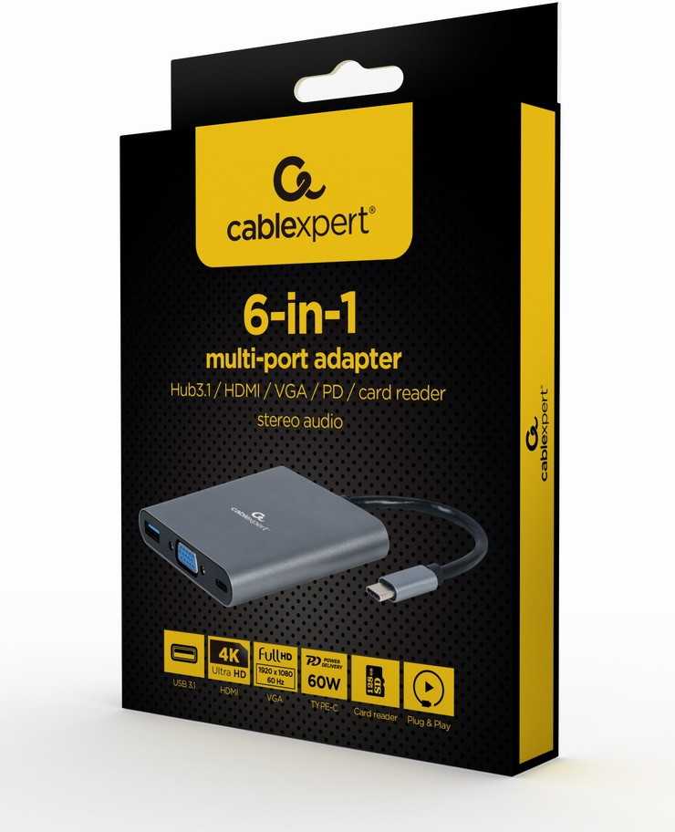Gembird Adapteris usb-c hub hdmi usb-c pd vga usb 3.0 audio card