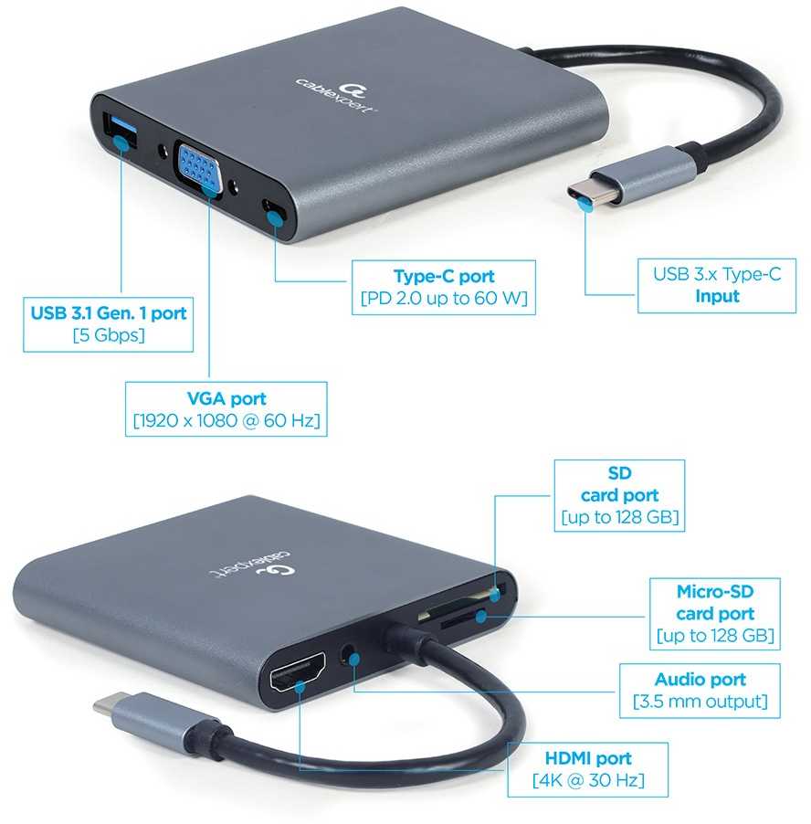 Gembird Adapteris usb-c hub hdmi usb-c pd vga usb 3.0 audio card