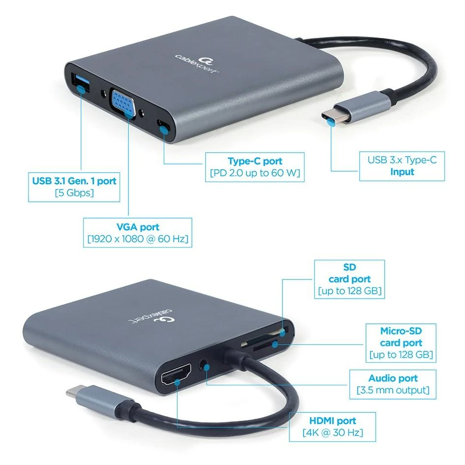 GEMBIRD A-CM-COMBO6-01 Multi Port Adapteris USB Type C 6in1 Hub3.1 HDMI VGA PD kortelių skaitytuvas stereo audio space pilkas
