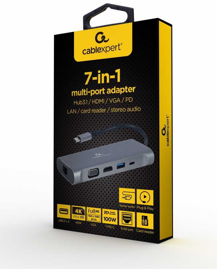 Gembird USB Type-C 7 viename kelių adapteris (Hub3.0 + HDMI + VGA + PD + kortelių skaitytuvas + stereo garsas), pilka