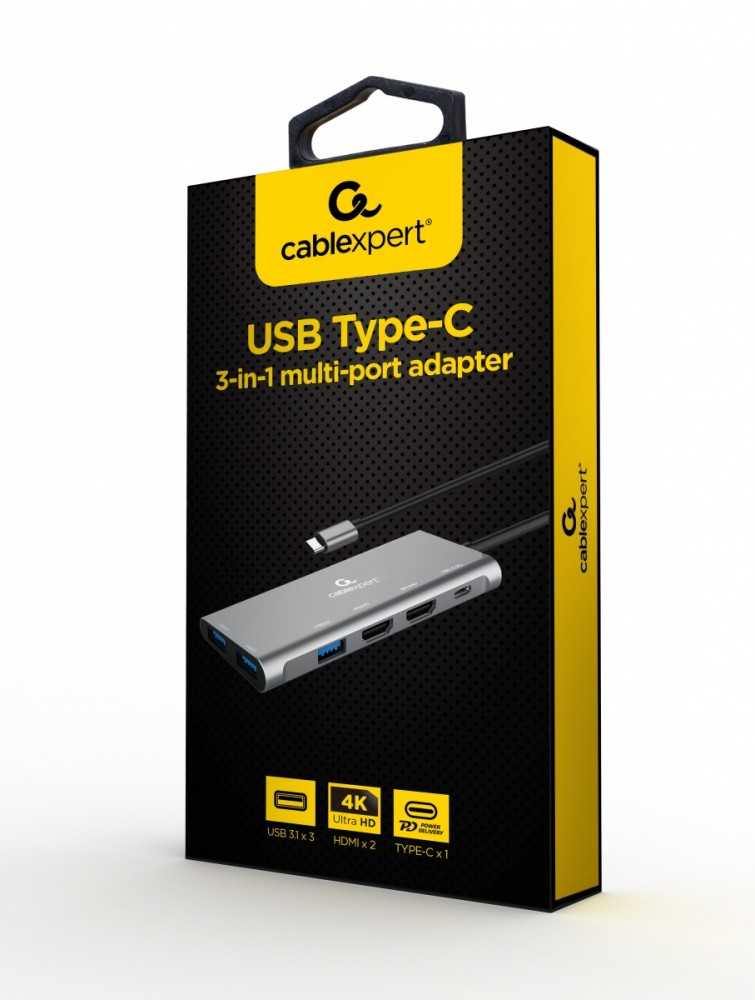 Gembird Adapteris usb-c hub usb-c pd hdmi x2 usb 3.0x3